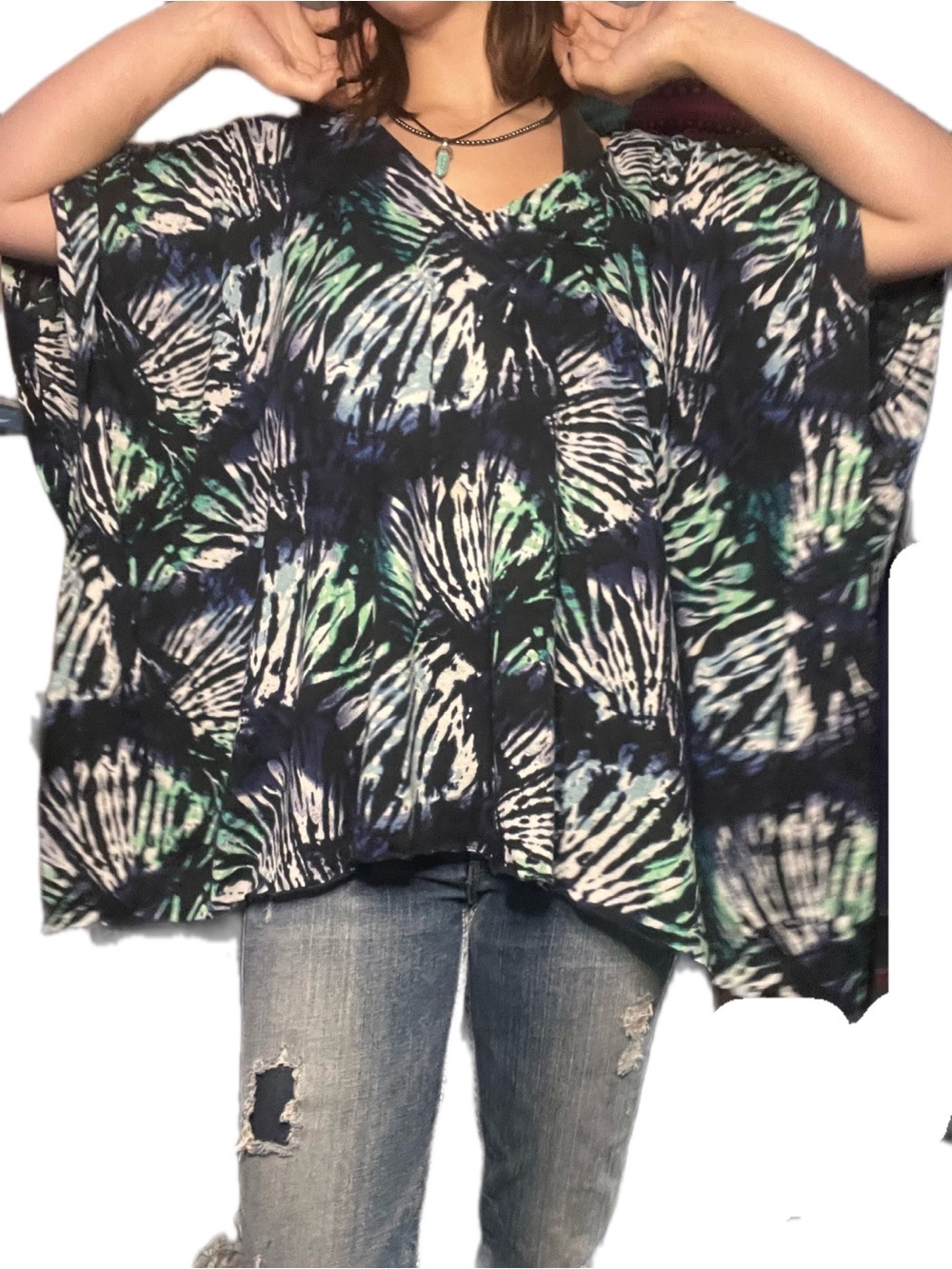 B.L.E.U. Navy, Green & White Abstract V-Neck Poncho Tunic
